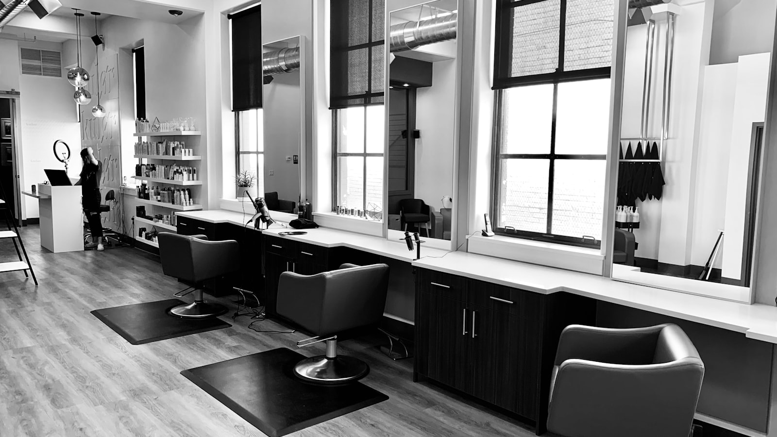 Hair salon styling chairs and mirrors